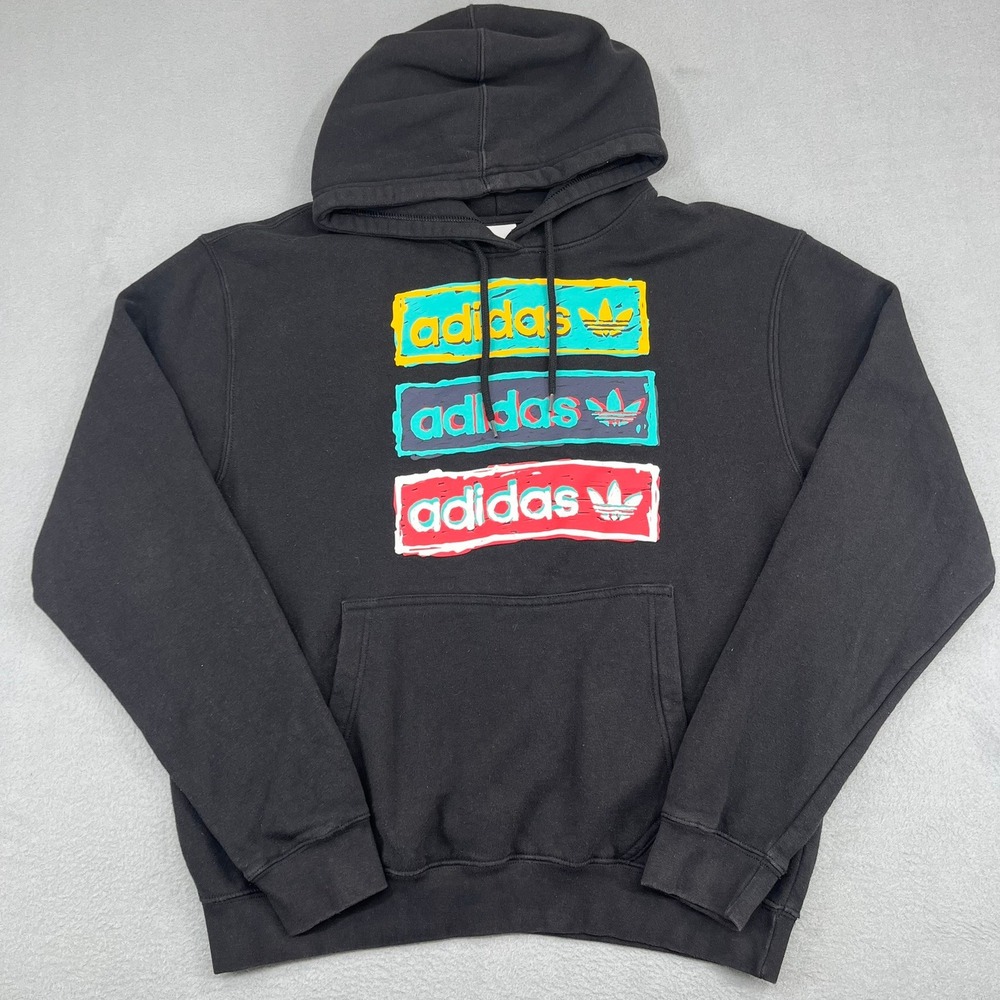 Adidas Originals Mens Black Triple Stacked Trefoil Logo Graphic Hoodie Large‎